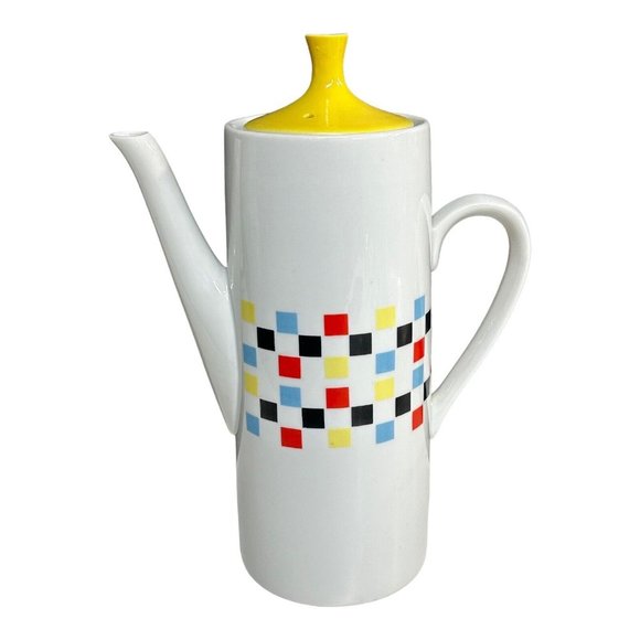 MCM Colorful‎ Checked Coffee Tea Pot Fred Roberts San Francisco Porcelain 1970s - Picture 1 of 12